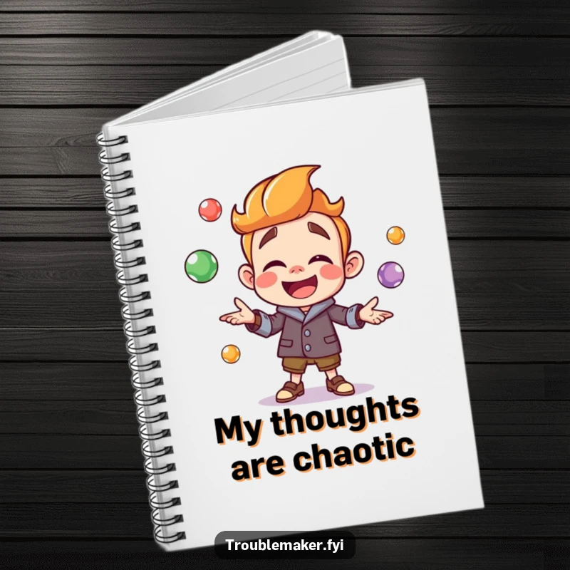 Funny troublemaker character joyfully juggling colorful marbles on a notebook cover, inspiring colorful note-taking and creative journaling.