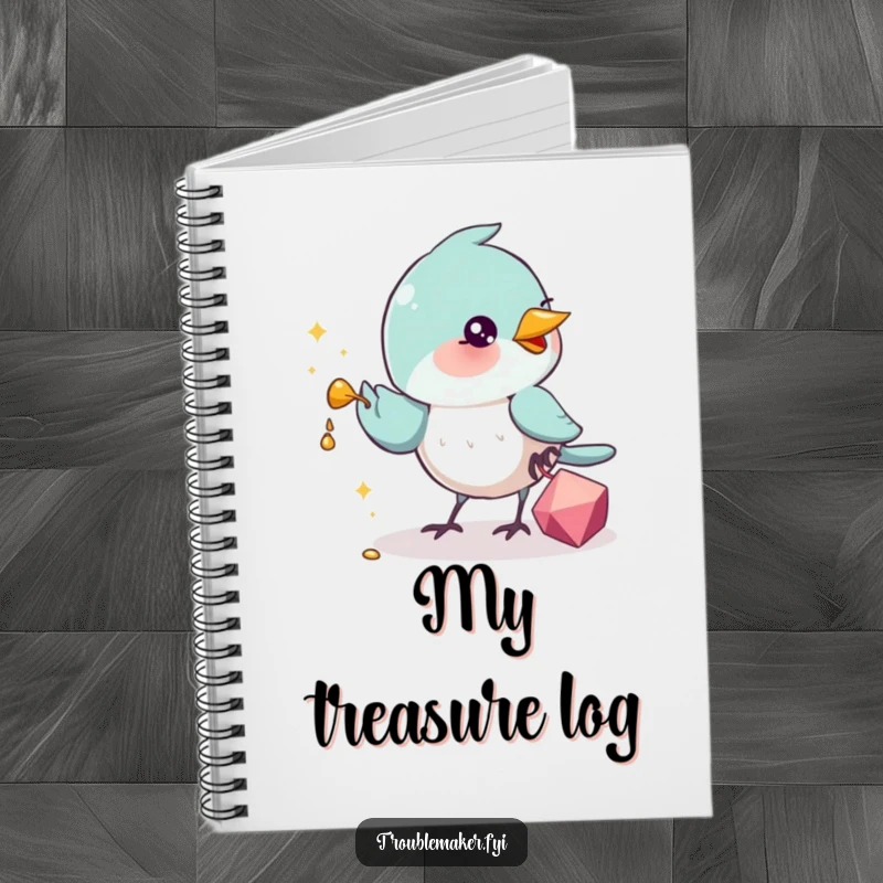 Funny Notebook cover with a determined bird clutching a shiny trinket, symbolizing the capture of bright ideas and humorous inspiration.
