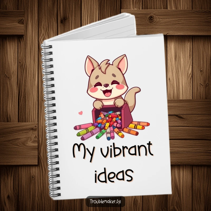 Funny notebook with a cute trouble maker animal character joyfully spilling colorful crayons, perfect for art notes and as a funny gift.