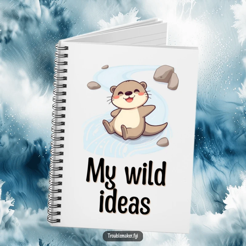 Funny notebook with a cheerful otter character sliding down a riverbank, ideal for jotting down fun ideas.