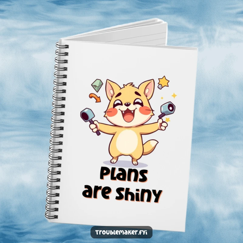 Funny Notebook cover featuring a trouble maker animal character enthusiastically juggling numerous shiny objects, perfect for creative minds.