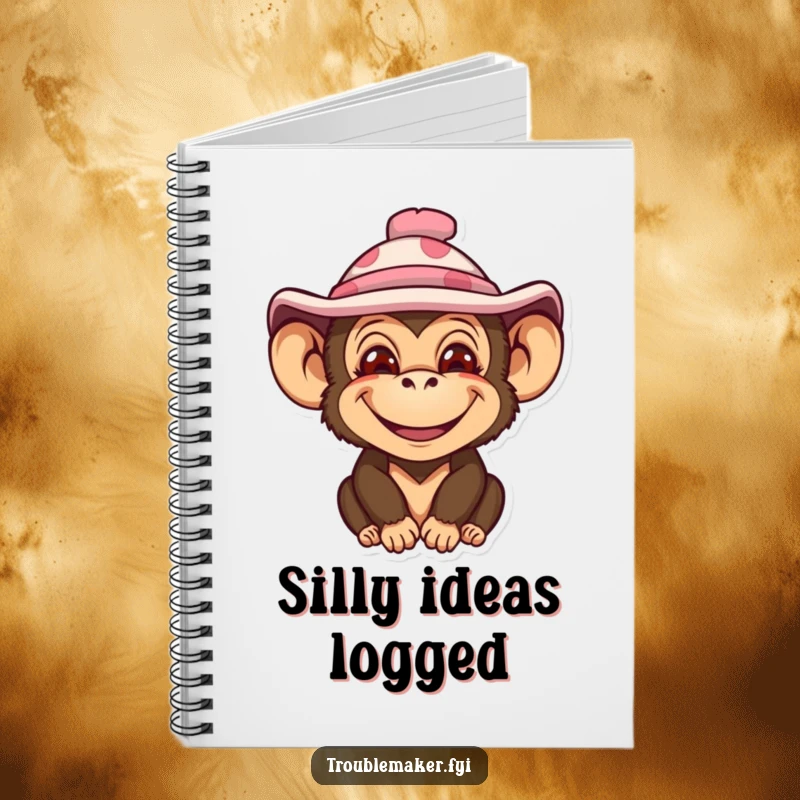 Funny notebook featuring a monkey with an impish smile and a silly hat, designed for jotting down creative and humorous thoughts.