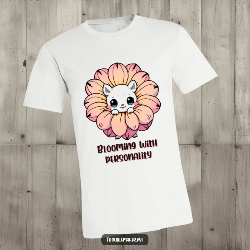 Funny t-shirt illustrating a creature with expressive eyes hiding behind a giant, colorful flower, conveying shy charm.