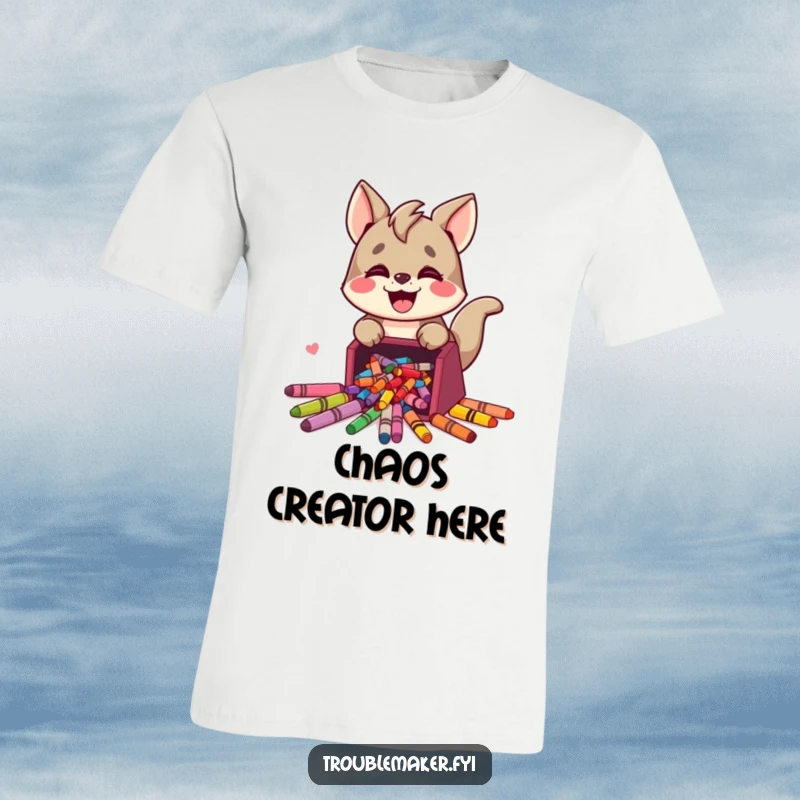 Funny t-shirt with a cute, mischievous animal character joyfully spilling a box of bright crayons, depicting creative chaos.