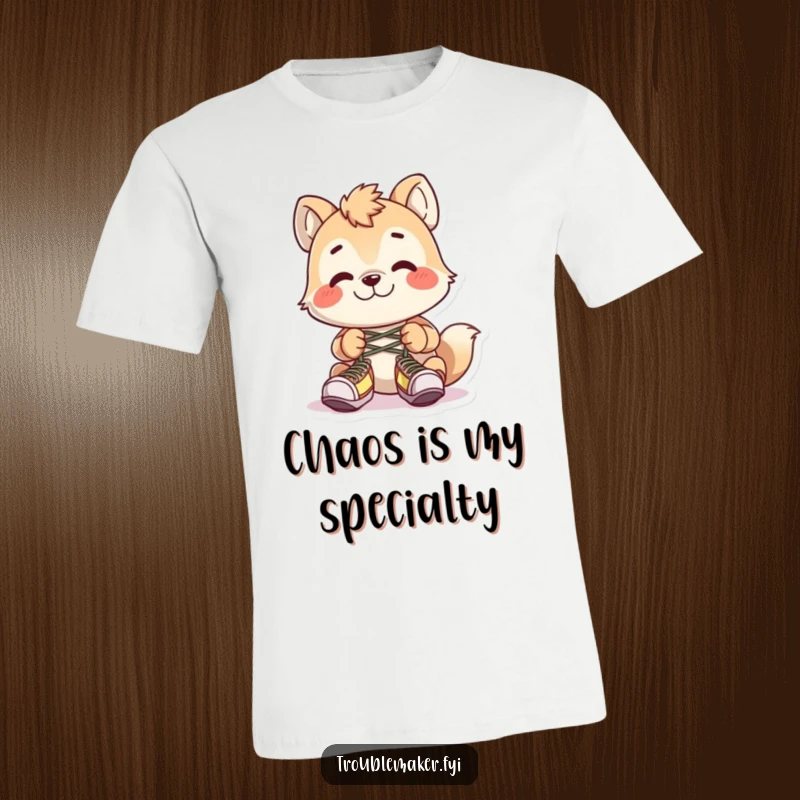 Funny animal character caught tying shoelaces together with a sly grin on a comfortable t-shirt.
