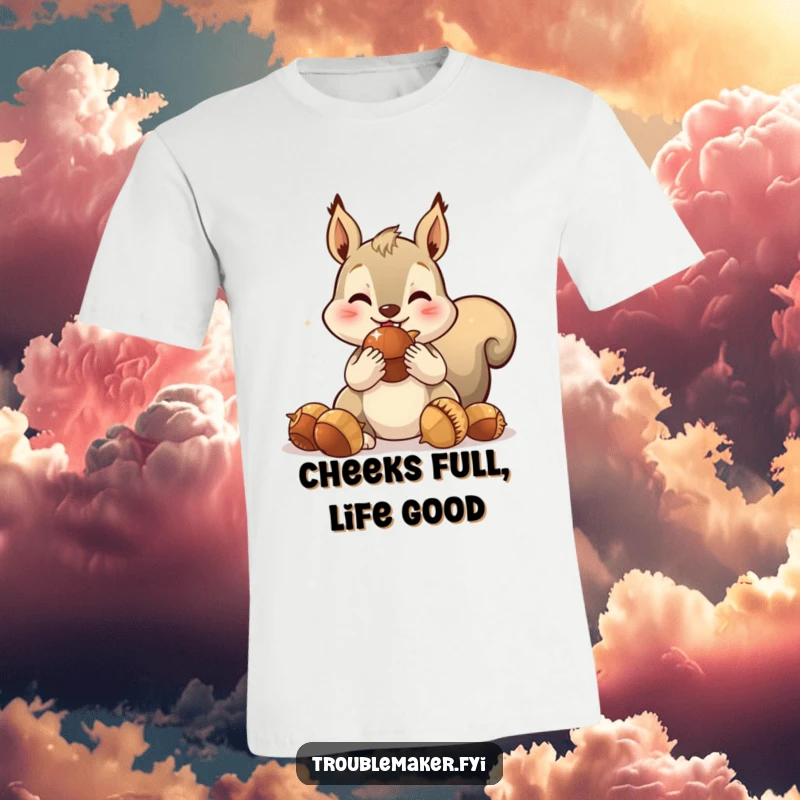 Funny t-shirt depicting a spirited squirrel with bulging cheeks, joyfully stuffing itself with giant, shimmering acorns.