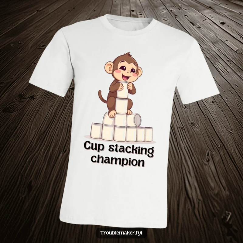 Funny Balance Monkey T-Shirt featuring a monkey attempting to balance a tall stack of empty cups, symbolizing precariousness, great funny gift.