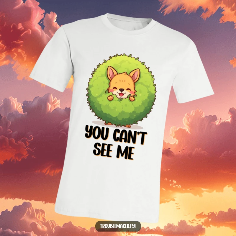 Funny mischievous animal character hiding behind a large, smiling bush on a comfortable t-shirt.