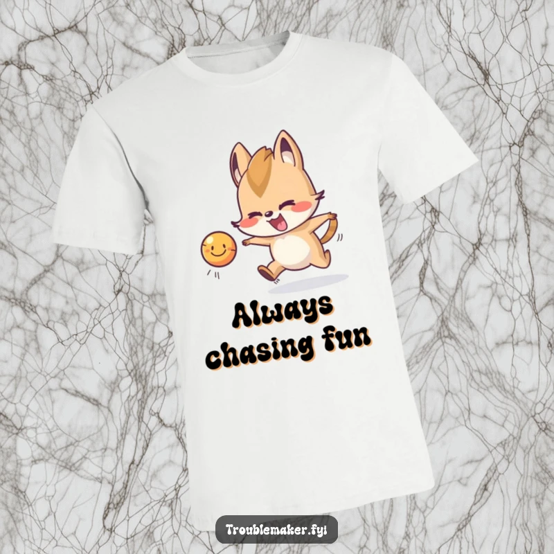 Funny T-Shirt: A mischievous animal character playfully runs after a smiling, bouncing ball, showcasing boundless energy.