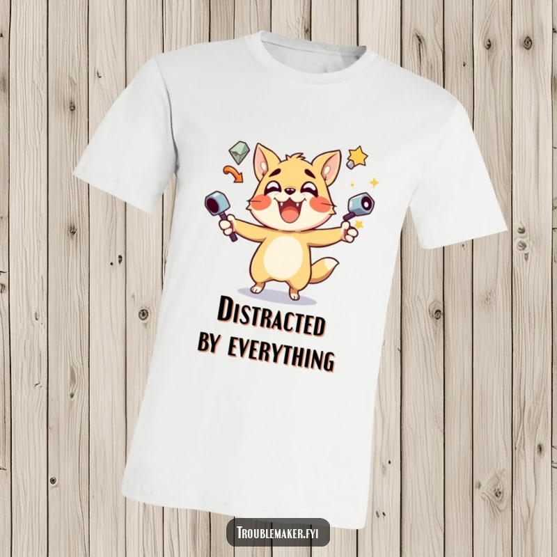 Funny T-Shirt: A mischievous animal character energetically juggles multiple shiny objects, embodying playful mayhem and fun.