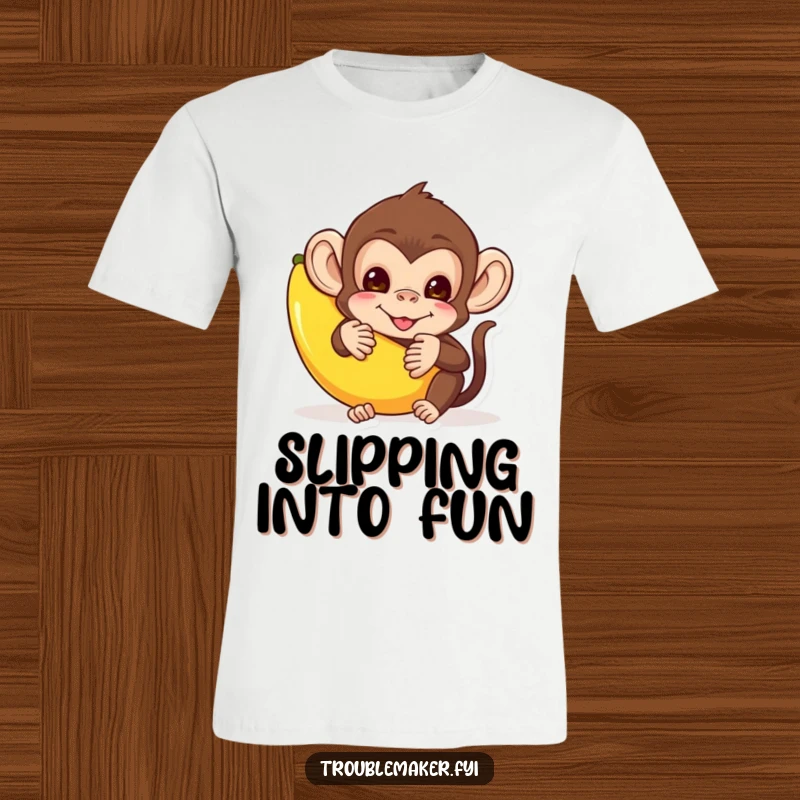 Funny t-shirt graphic of a mischievous monkey peeking from behind a banana peel, radiating playful silliness.