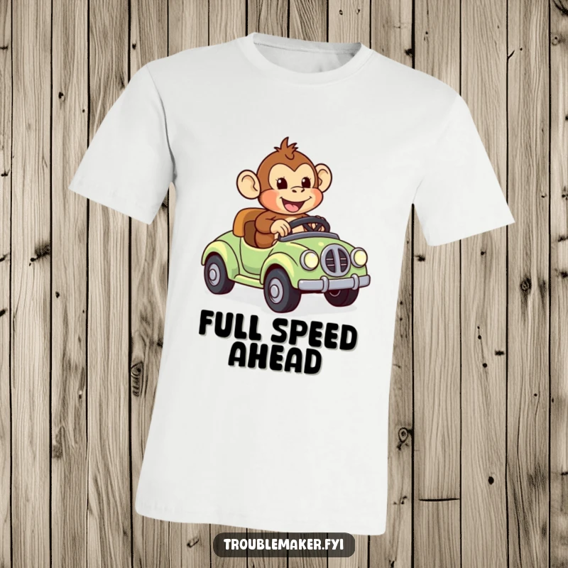 Funny t-shirt graphic of a monkey joyfully riding a runaway toy car, representing excitement, freedom, and playful chaos.