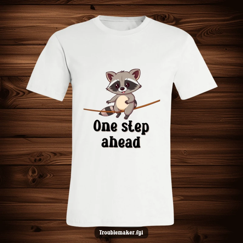 Funny t-shirt depicting a determined raccoon wobbling on a thin tightrope, capturing the essence of comical perseverance.