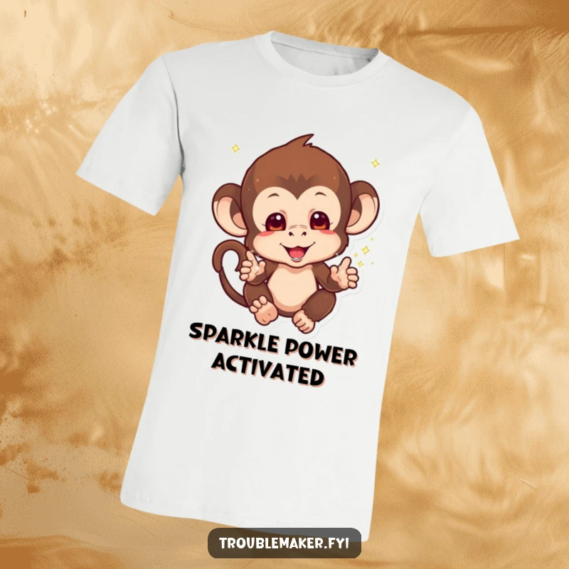 Funny Sparkle Monkey T-Shirt featuring a mischievous monkey with sparkles falling from its hands, adding magical fun, great funny gift.