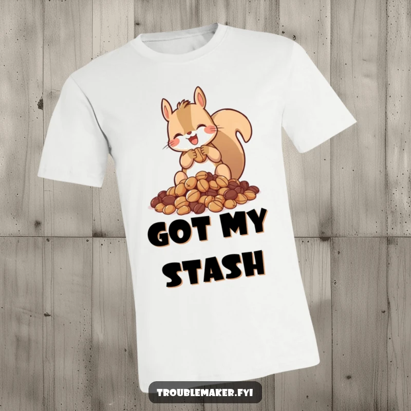 Funny t-shirt graphic of a squirrel joyfully piling up nuts, radiating a sense of enthusiastic hoarding.