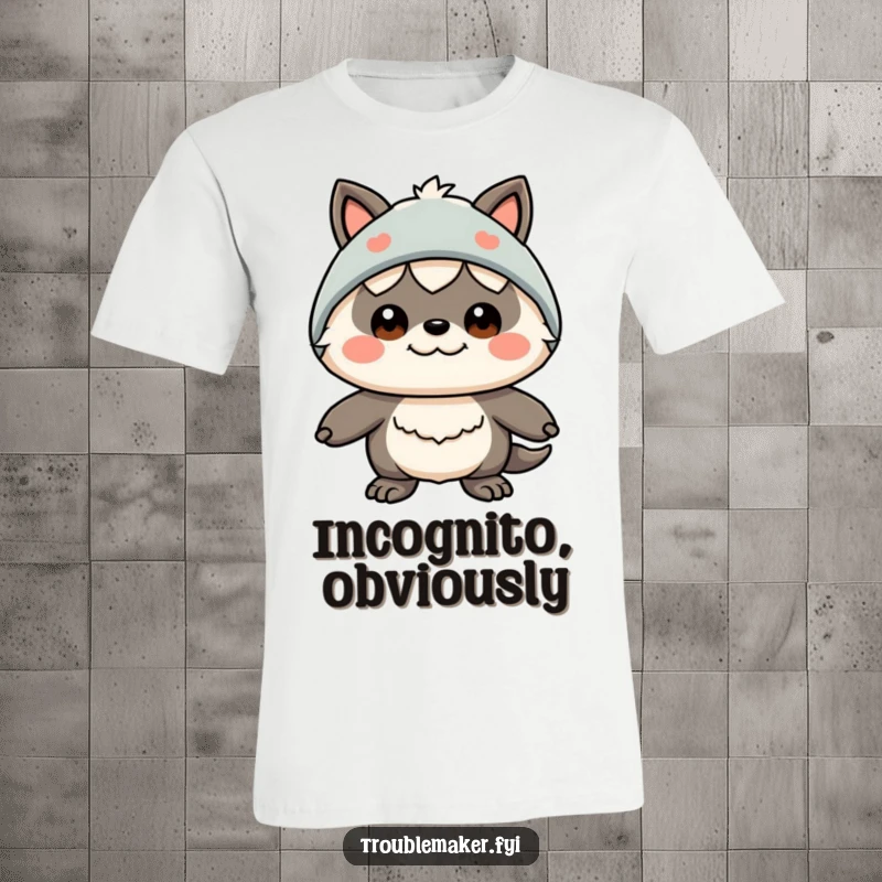 Funny t-shirt depicting a creature with a comically funny expression in a silly disguise, evoking playful deception and amusement.