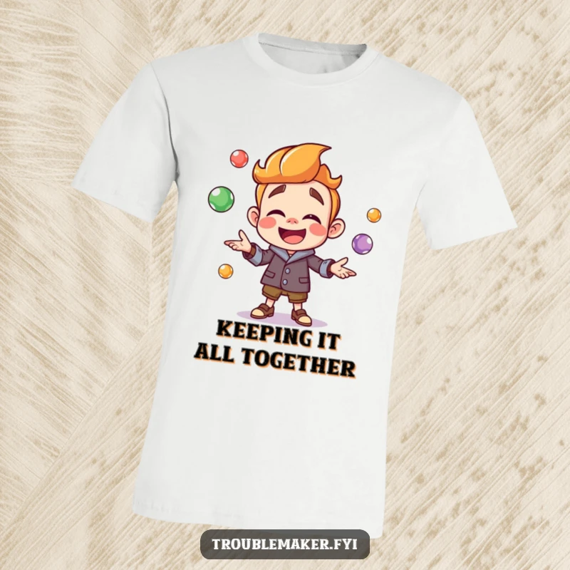 Funny troublemaker character gleefully juggling colorful marbles, printed on a t-shirt, representing playful skill and cheerful entertainment.