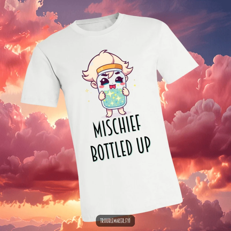 Funny T-Shirt with a troublemaker character holding a jar brimming with sparkling mischief, ready for fun and festive antics.