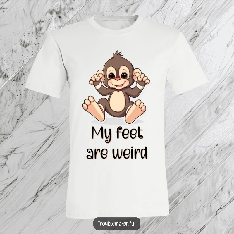 Funny t-shirt graphic of a monkey confidently wearing absurdly large, mismatched socks, representing carefree style and humor.