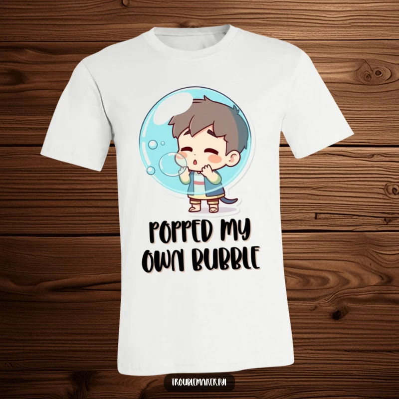 Funny troublemaker character blowing a huge bubble, captured right before it pops, printed on a t-shirt for exciting, chaotic fun.