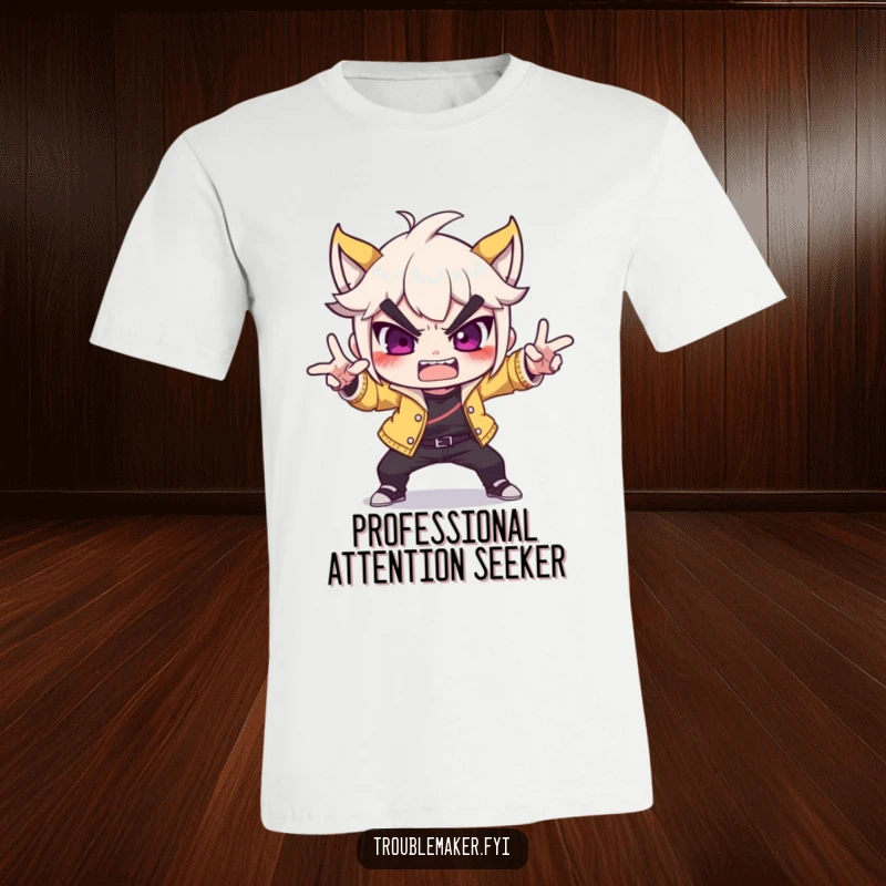 Funny troublemaker character striking a dramatic, over-the-top pose on a t-shirt, embodying exaggerated confidence and playful rebellion.