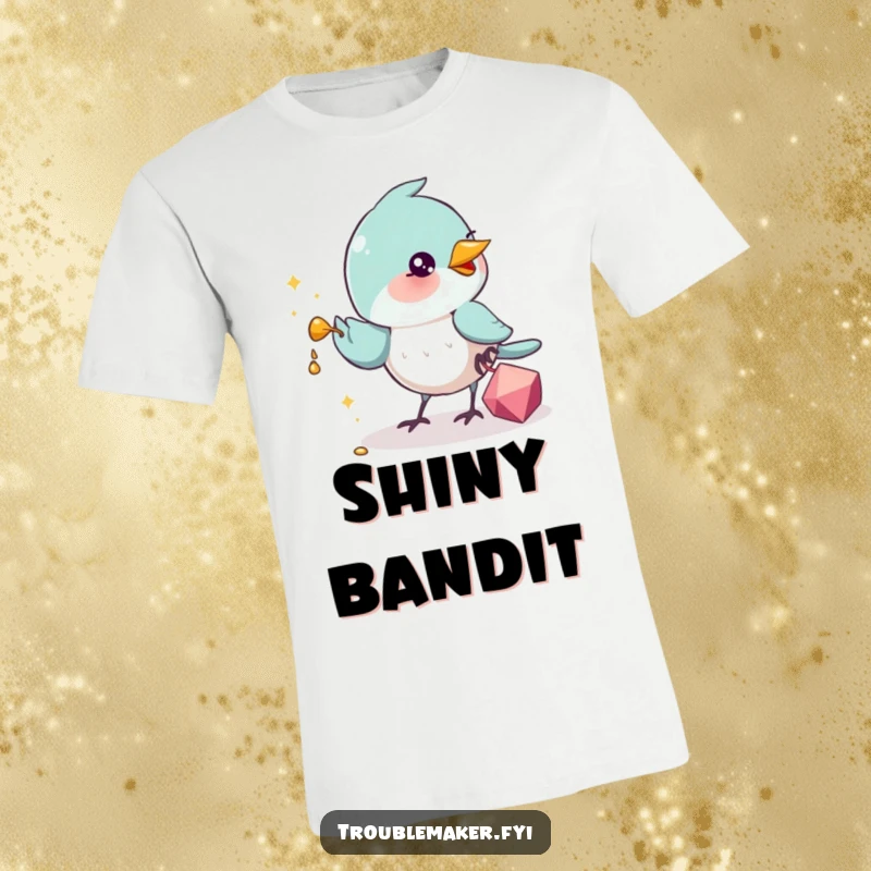 Funny T-Shirt showcasing a cunning bird mid-flight, joyfully absconding with a gleaming trinket, embodying playful mischief and a love for shiny objects.