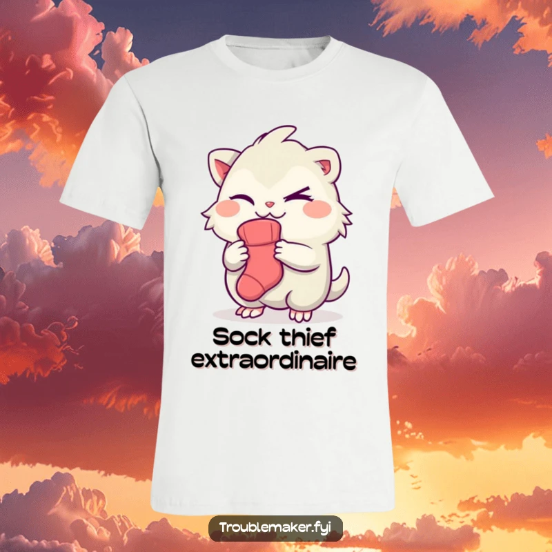 Funny t-shirt graphic of a creature with a sly wink, holding up one sock, a humorous depiction of laundry day mischief.