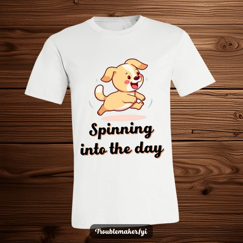 Funny dog t-shirt displaying a playful dog in a loop chasing its wagging tail, perfect for active dog enthusiasts.