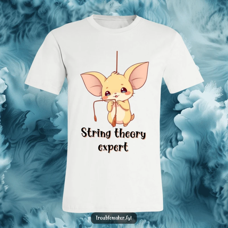 Funny t-shirt illustrating a creature with large ears joyfully batting at a dangling string, capturing playful energy.