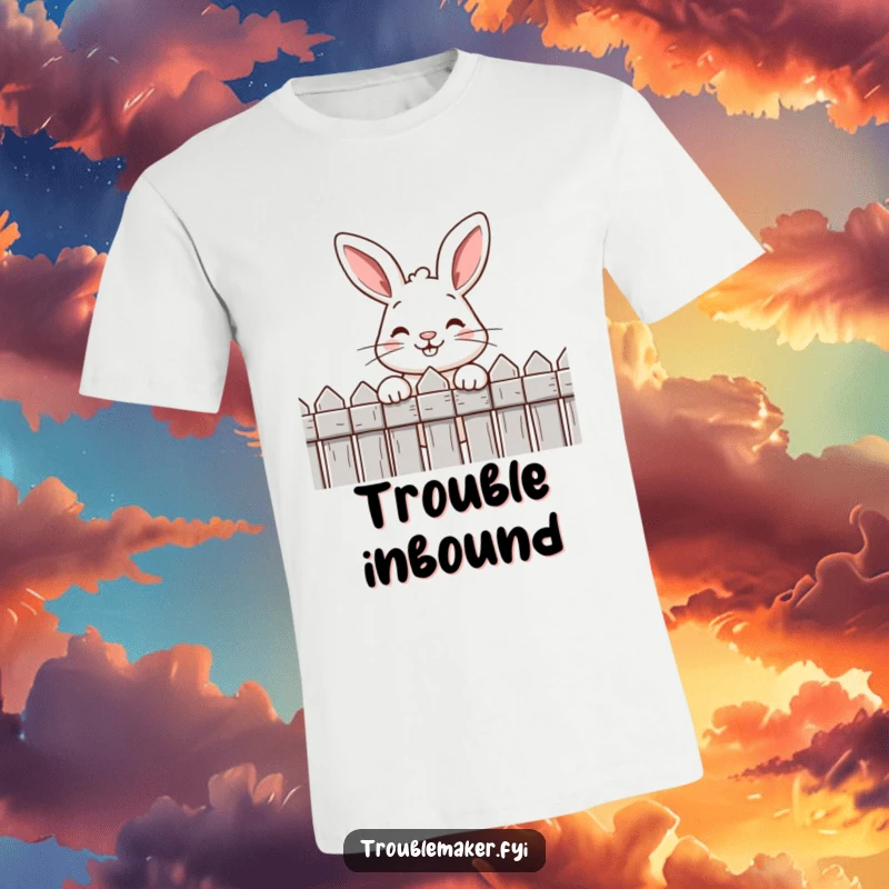 Funny t-shirt showcasing a mischievous rabbit with a sly grin peeking over a wooden fence, showing off its playful nature.