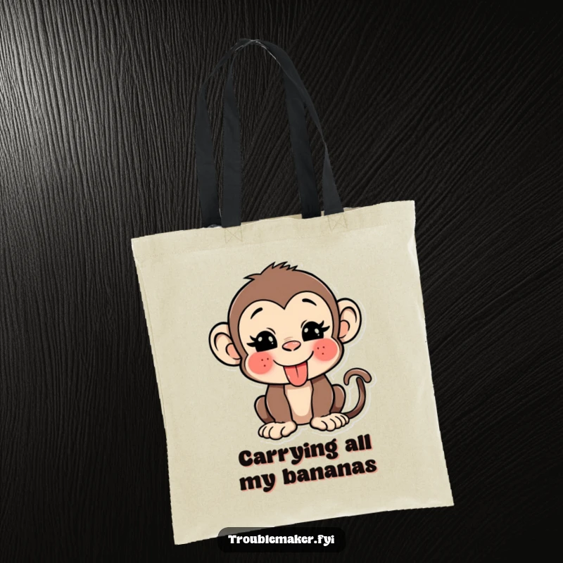 Funny monkey tote bag showcasing a playful character sticking out its tongue and winking, ideal for carrying essentials with humor.