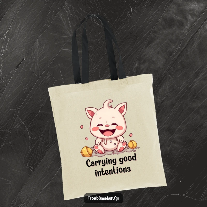 Funny tote bag showing a creature with an innocent smile in the middle of a mess, a humorous depiction of delightful disarray.
