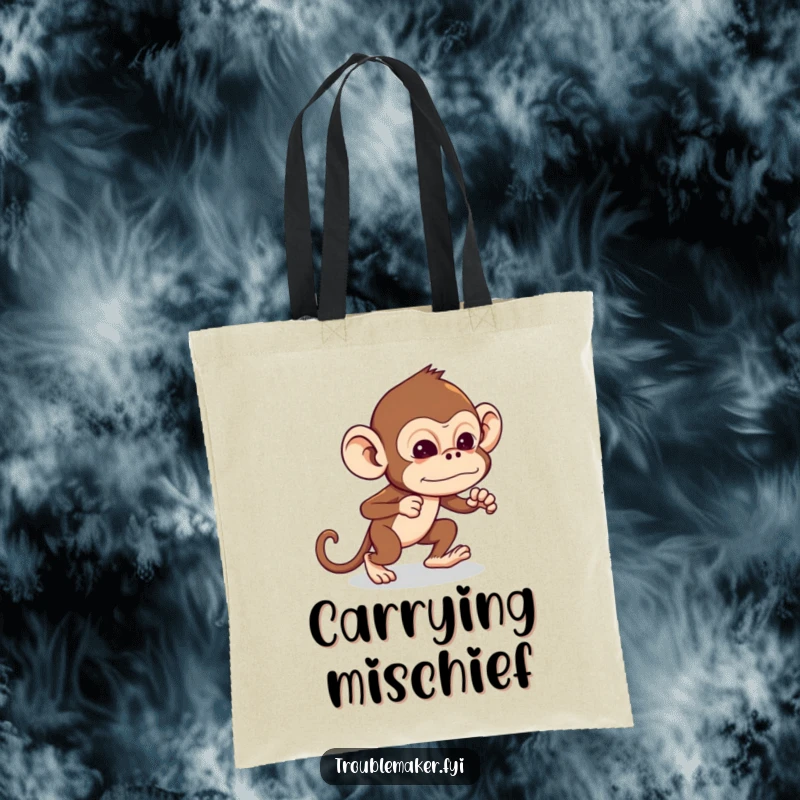 Funny Troublemaker Monkey Tote Bag with a monkey tiptoeing, planning something fun, perfect funny gift for secret keepers.