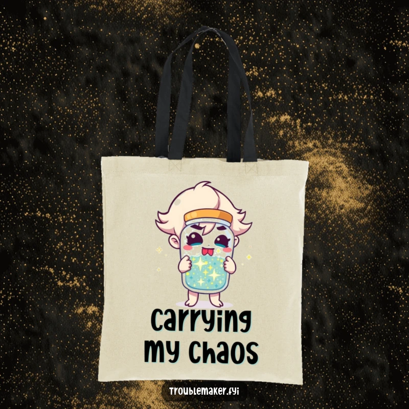 Funny Tote Bag showcasing a troublemaker character holding a jar of sparkling mischief, perfect for carrying essentials with flair.