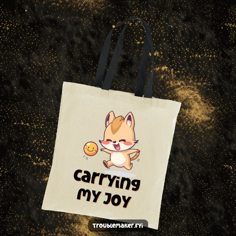 Funny Tote Bag with a mischievous animal character playfully chasing a smiling ball, perfect for carrying items with a fun vibe.
