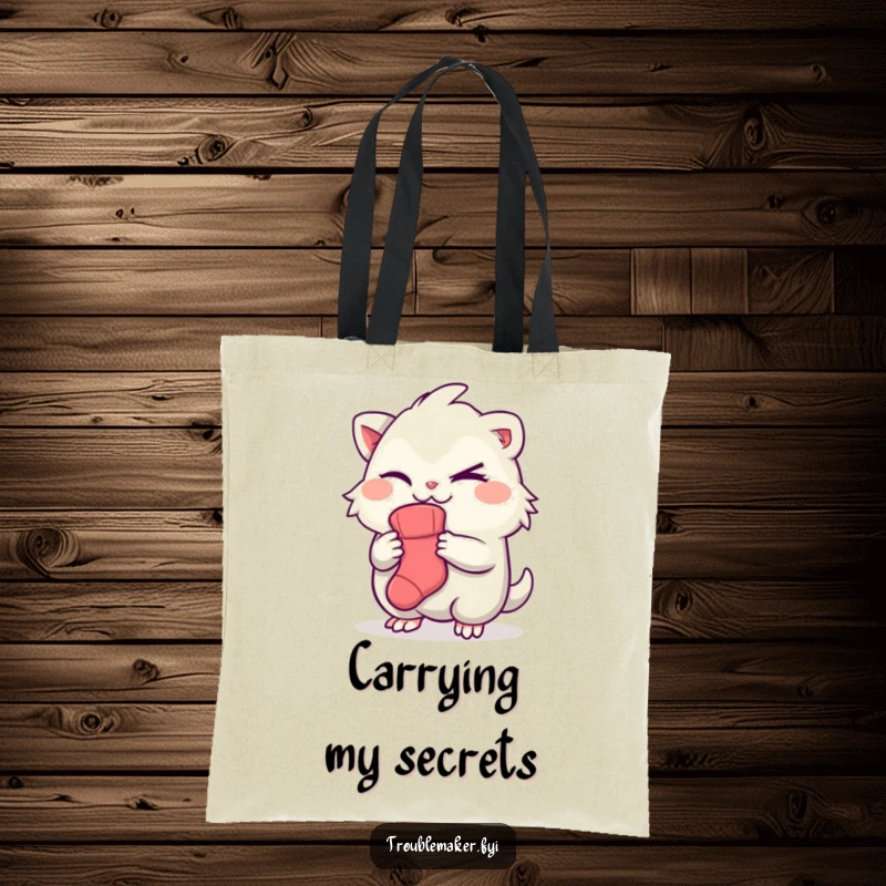 Funny tote bag illustration of a creature winking slyly, holding a single sock, symbolizing laundry day puzzles and humorous theft.