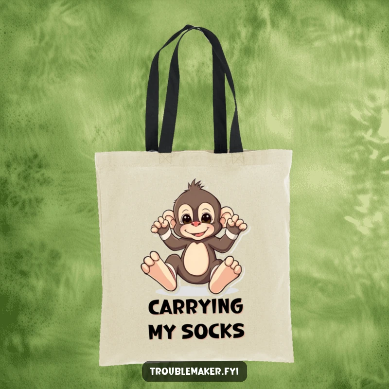 Funny tote bag design of a monkey playfully wearing oversized, mismatched socks, perfect for carrying items with a splash of quirky style.