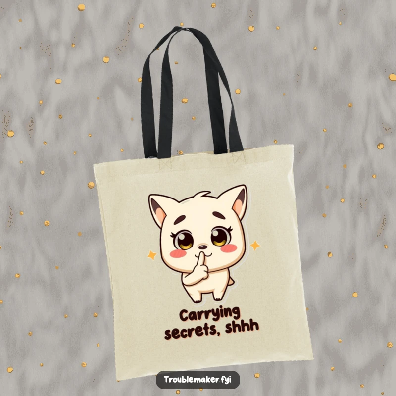 Funny tote bag featuring a troublemaker character in a shushing pose, perfect for carrying secrets.