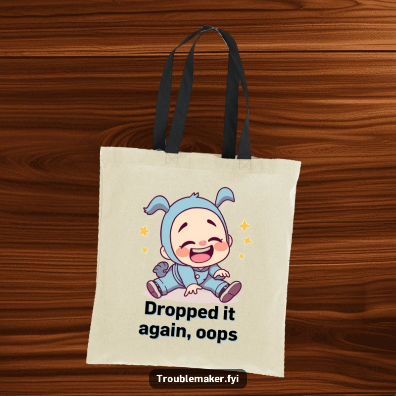 Funny troublemaker character captured mid-fall with a silly grin on a tote bag, symbolizing embracing chaos and humor in everyday life.