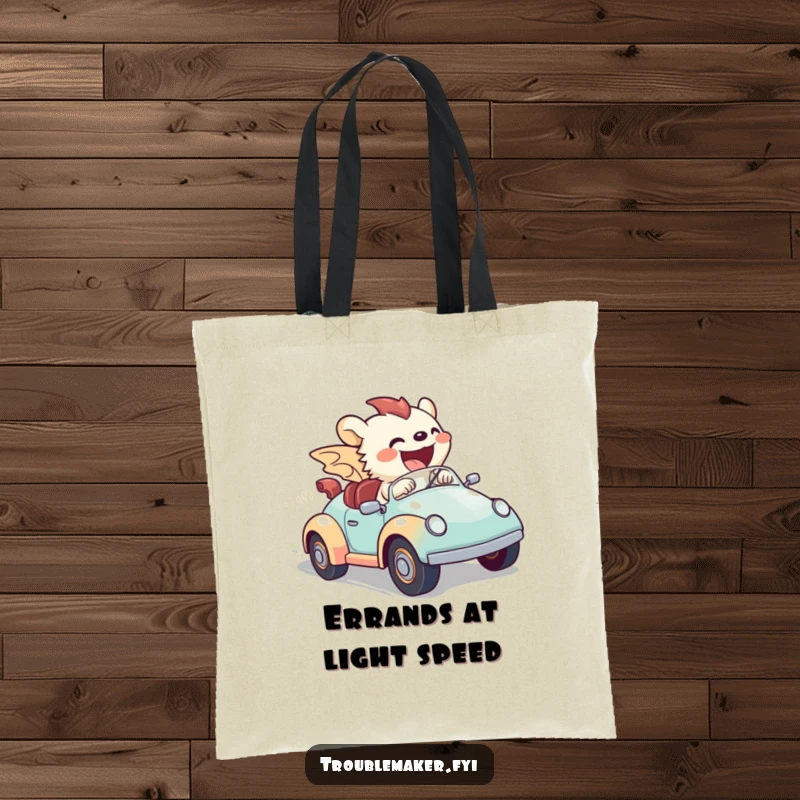 Funny tote bag showing a creature gleefully speeding in a toy car, a humorous depiction of energetic and fast-paced action.