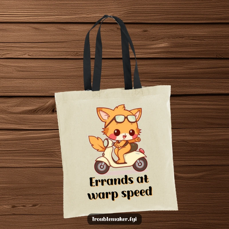 Funny Tote Bag with a mischievous animal character joyfully riding a tiny, runaway scooter, perfect for carrying items on the move.