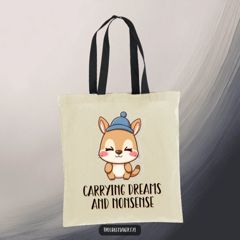 Funny animal character tote bag sporting a silly face and a goofy funny hat, ready for errands and bringing smiles.