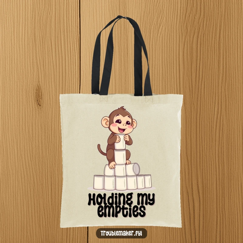 Funny Balance Monkey Tote Bag with a monkey precariously balancing empty cups, perfect for carrying life's essentials, great funny gift.