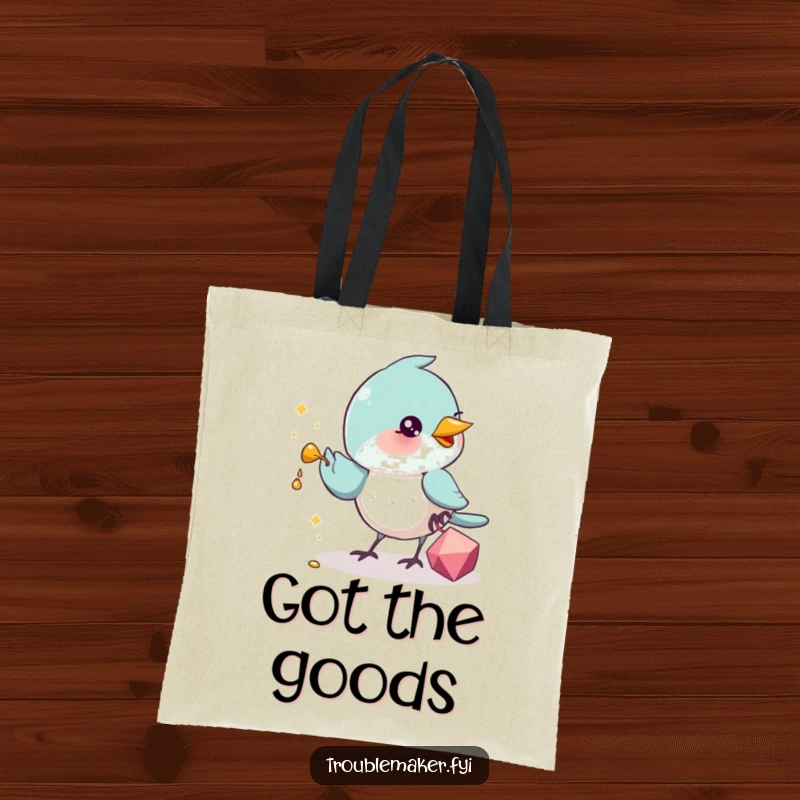 Funny Tote Bag featuring a triumphant bird soaring with a stolen, glittering trinket, capturing the essence of pilfering joy and playful thievery.