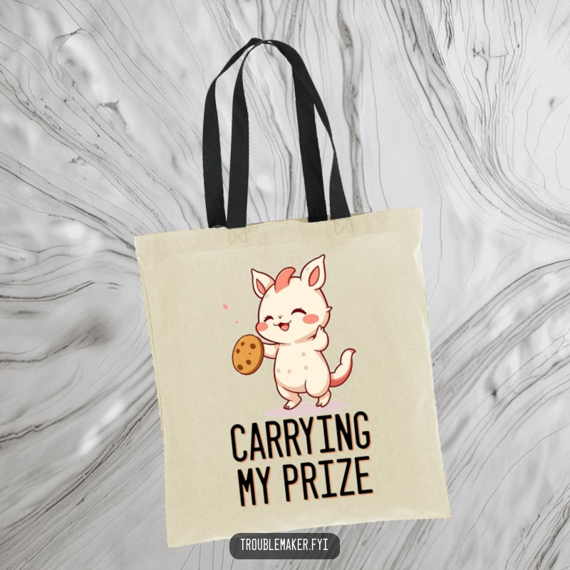 Funny tote bag showing a creature dancing gleefully with a stolen cookie, a humorous depiction of dessert-fueled celebration.