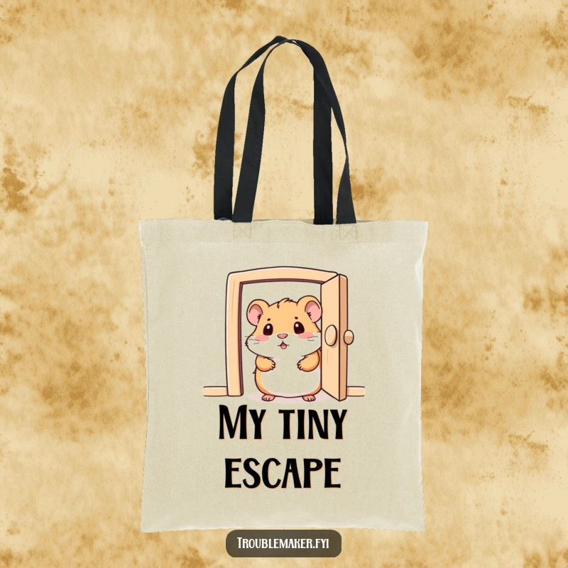 Funny tote bag with a curious hamster character peeking from a tiny, partially open door, perfect for carrying treasures.