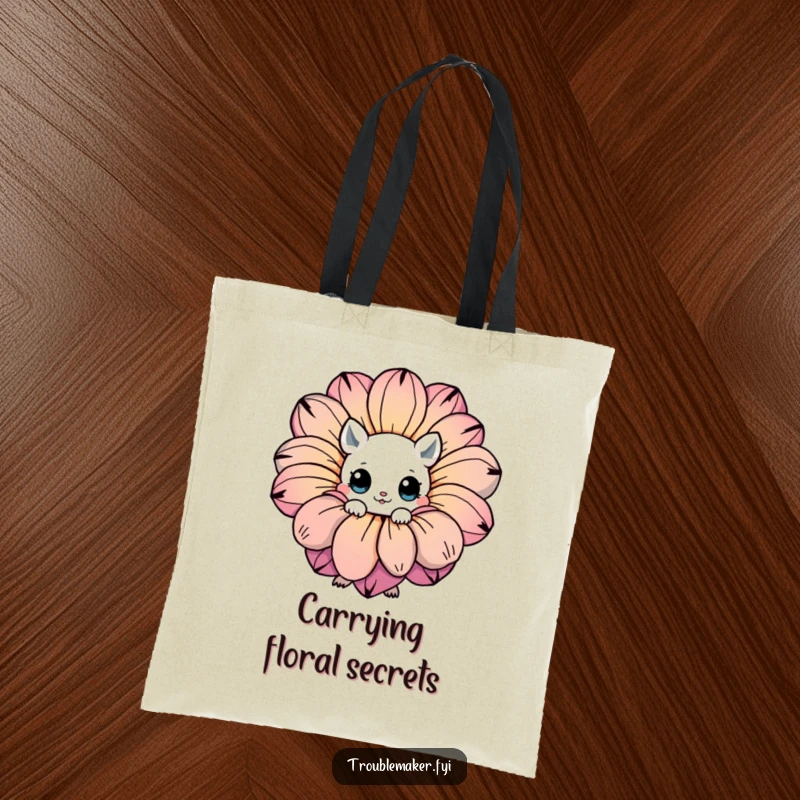 Funny tote bag showcasing a creature with expressive eyes peeking from behind a giant, colorful flower, perfect for carrying essentials.