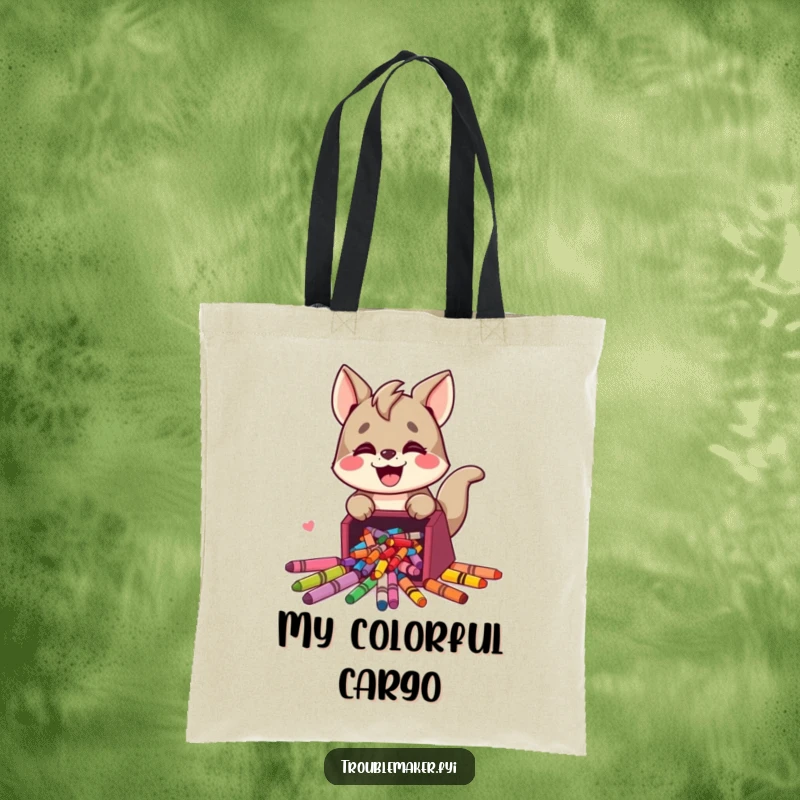 Funny tote bag showcasing a cute trouble maker animal character joyfully spilling a box of colorful crayons, perfect for carrying art supplies.
