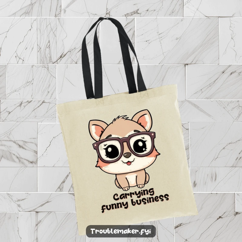 Funny playful animal character wearing oversized glasses and winking, printed on a durable tote bag.