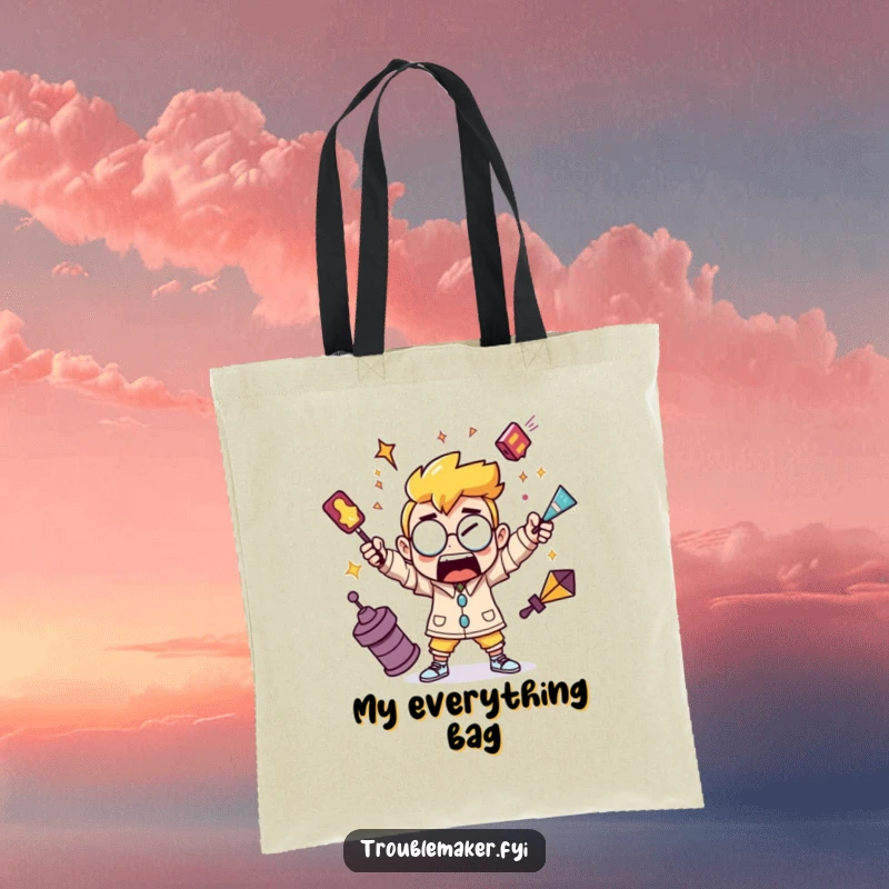 Funny tote bag featuring a troublemaker character juggling chaotic objects, perfect for carrying everything.
